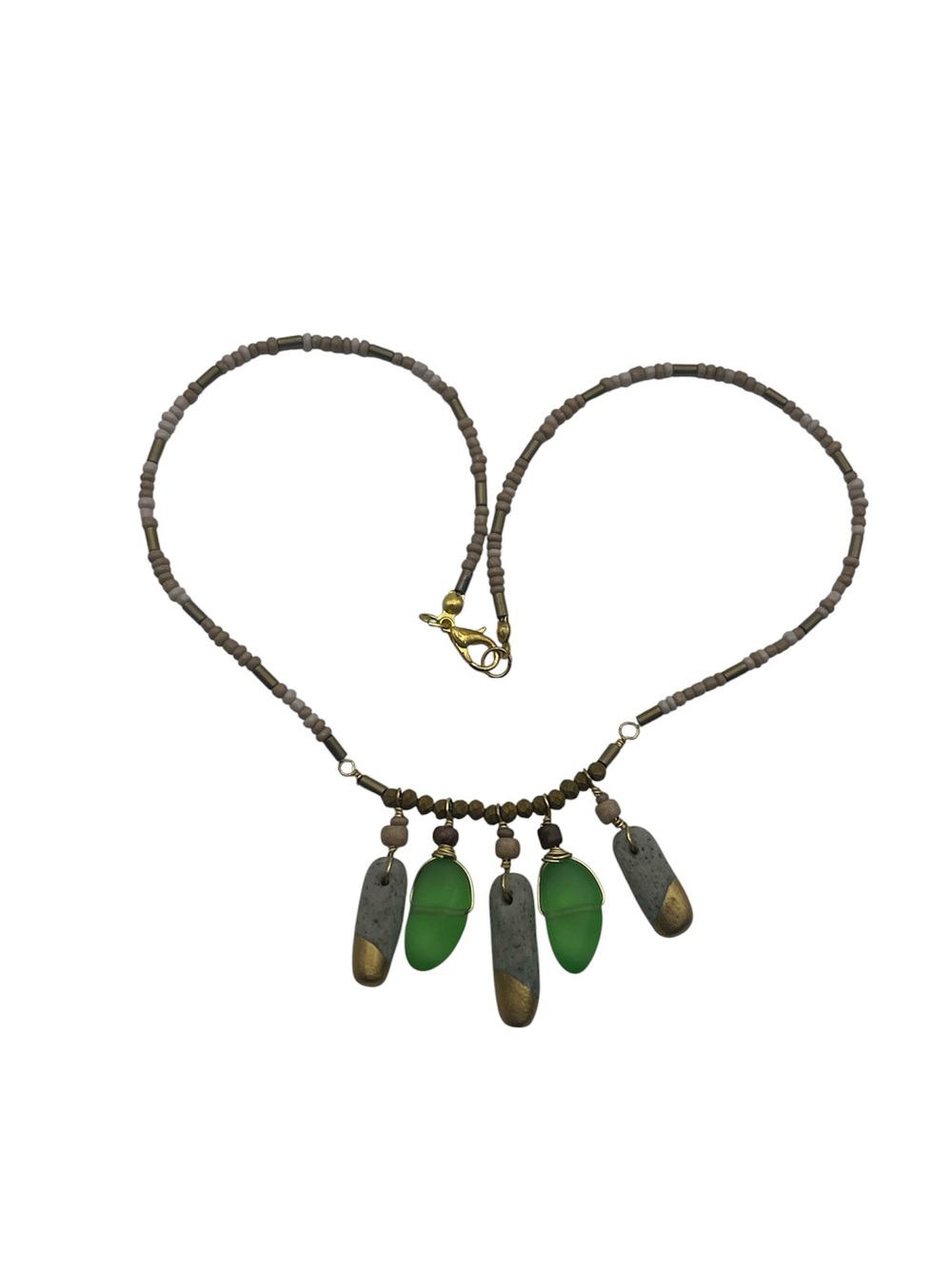 Boho handmade green sea glass & painted rock beaded dangle necklace